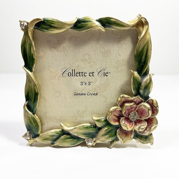 COLLETTE ET CIE Mini Picture Frame Square Green Enamel 3x3 Pink Flower - Picture 1 of 6